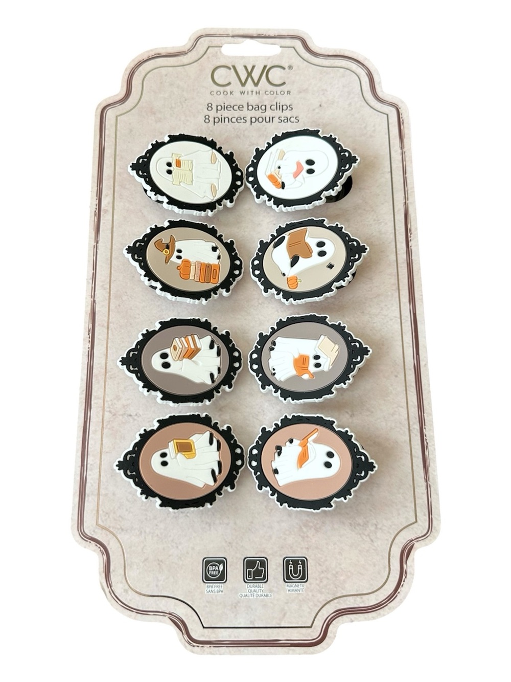 New CWC Cute HALLOWEEN GHOST w/BOOKS DESIGN BAG CLIPS Set/8 With Magnetic Back